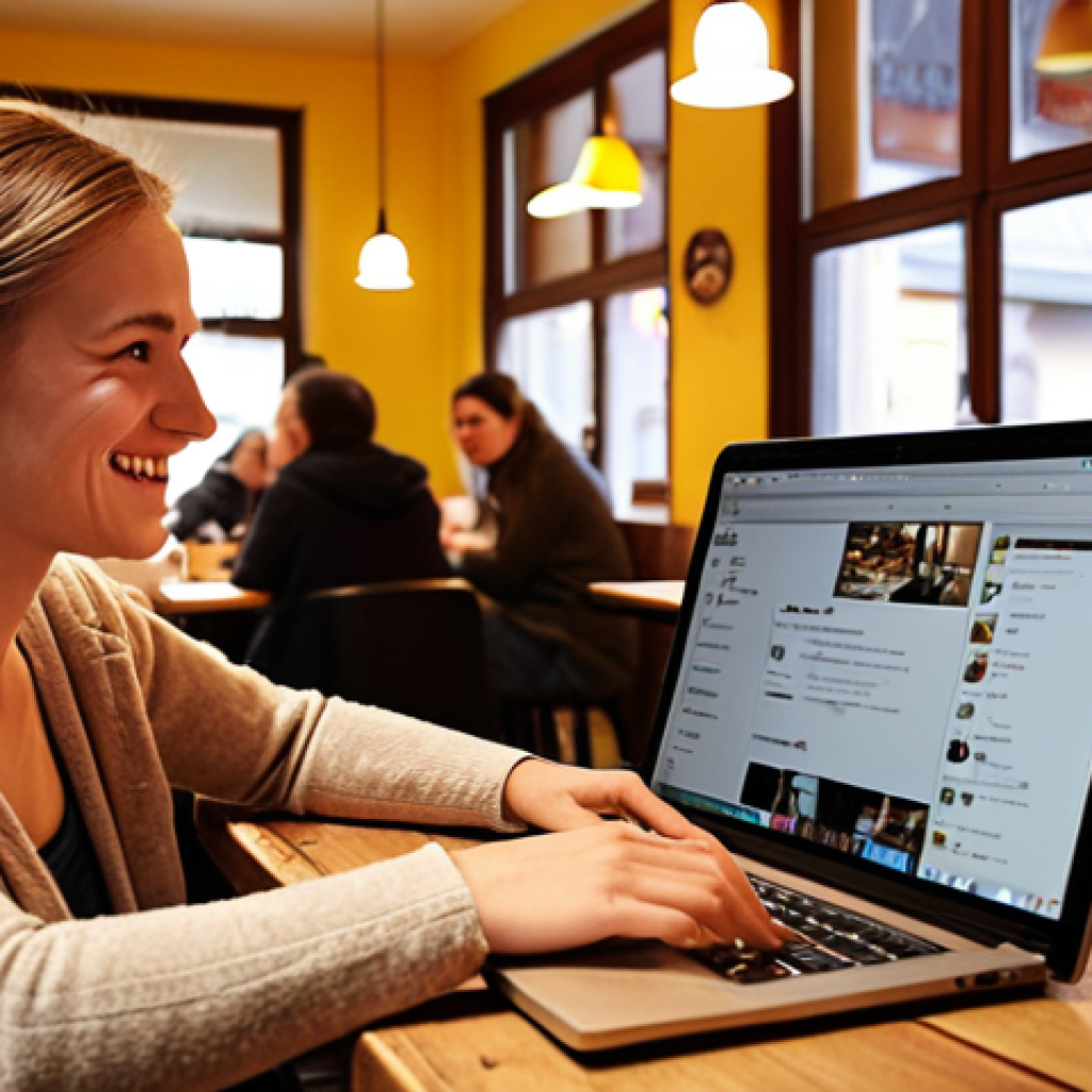 **

Prompt: A freelancer happily working at a laptop in a cozy café, surrounded by diverse people engaged in conversation. Emphasize the casual, approachable atmosphere. Soft, warm lighting. Focus on the power of "weak ties" in unexpected places. "Networking" concept. German café setting.

**