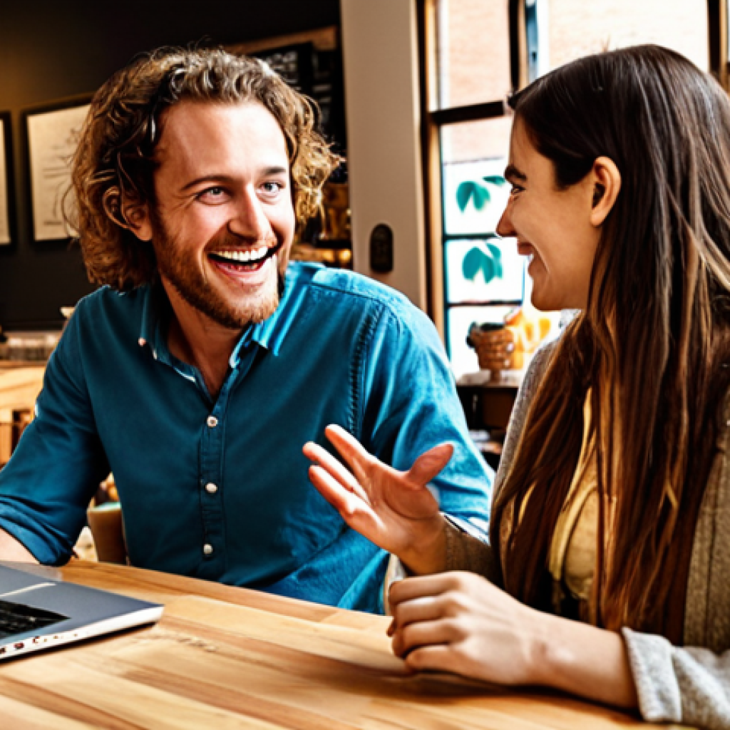 ** A bustling coffee shop scene. In the foreground, two people are deeply engaged in conversation, gesturing enthusiastically. One person is dressed in business casual attire, the other has a more artistic, bohemian style. Around them, other people are working on laptops or chatting, creating a sense of vibrant connection and serendipitous encounters. The overall mood is bright and optimistic, emphasizing the "magic of serendipitous discoveries."

**