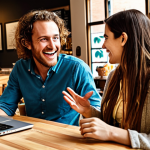 ** A bustling coffee shop scene. In the foreground, two people are deeply engaged in conversation, gesturing enthusiastically. One person is dressed in business casual attire, the other has a more artistic, bohemian style. Around them, other people are working on laptops or chatting, creating a sense of vibrant connection and serendipitous encounters. The overall mood is bright and optimistic, emphasizing the "magic of serendipitous discoveries."

**