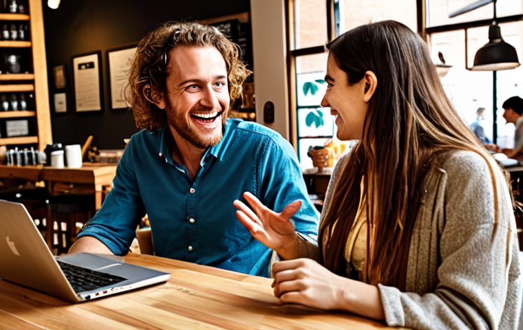 ** A bustling coffee shop scene. In the foreground, two people are deeply engaged in conversation, gesturing enthusiastically. One person is dressed in business casual attire, the other has a more artistic, bohemian style. Around them, other people are working on laptops or chatting, creating a sense of vibrant connection and serendipitous encounters. The overall mood is bright and optimistic, emphasizing the "magic of serendipitous discoveries."

**