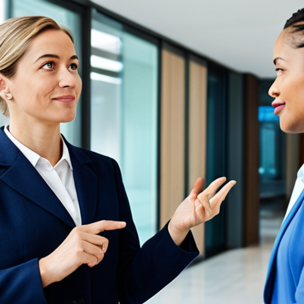 A professional businesswoman in a modest business suit is engaged in a thoughtful conversation with a diverse colleague, also in appropriate professional dress, in a bright, modern conference lobby. The businesswoman has an 'aha-moment' expression, signaling a breakthrough idea, while the colleague listens attentively. The scene captures a serendipitous exchange of insights. Fully clothed, appropriate attire, safe for work, perfect anatomy, correct proportions, natural pose, well-formed hands, proper finger count, natural body proportions, professional photography, high quality, family-friendly content.