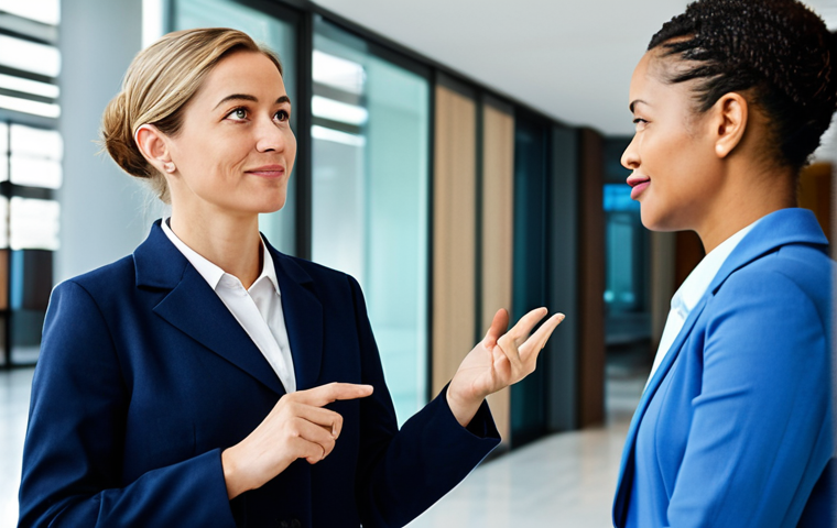 A professional businesswoman in a modest business suit is engaged in a thoughtful conversation with a diverse colleague, also in appropriate professional dress, in a bright, modern conference lobby. The businesswoman has an 'aha-moment' expression, signaling a breakthrough idea, while the colleague listens attentively. The scene captures a serendipitous exchange of insights. Fully clothed, appropriate attire, safe for work, perfect anatomy, correct proportions, natural pose, well-formed hands, proper finger count, natural body proportions, professional photography, high quality, family-friendly content.