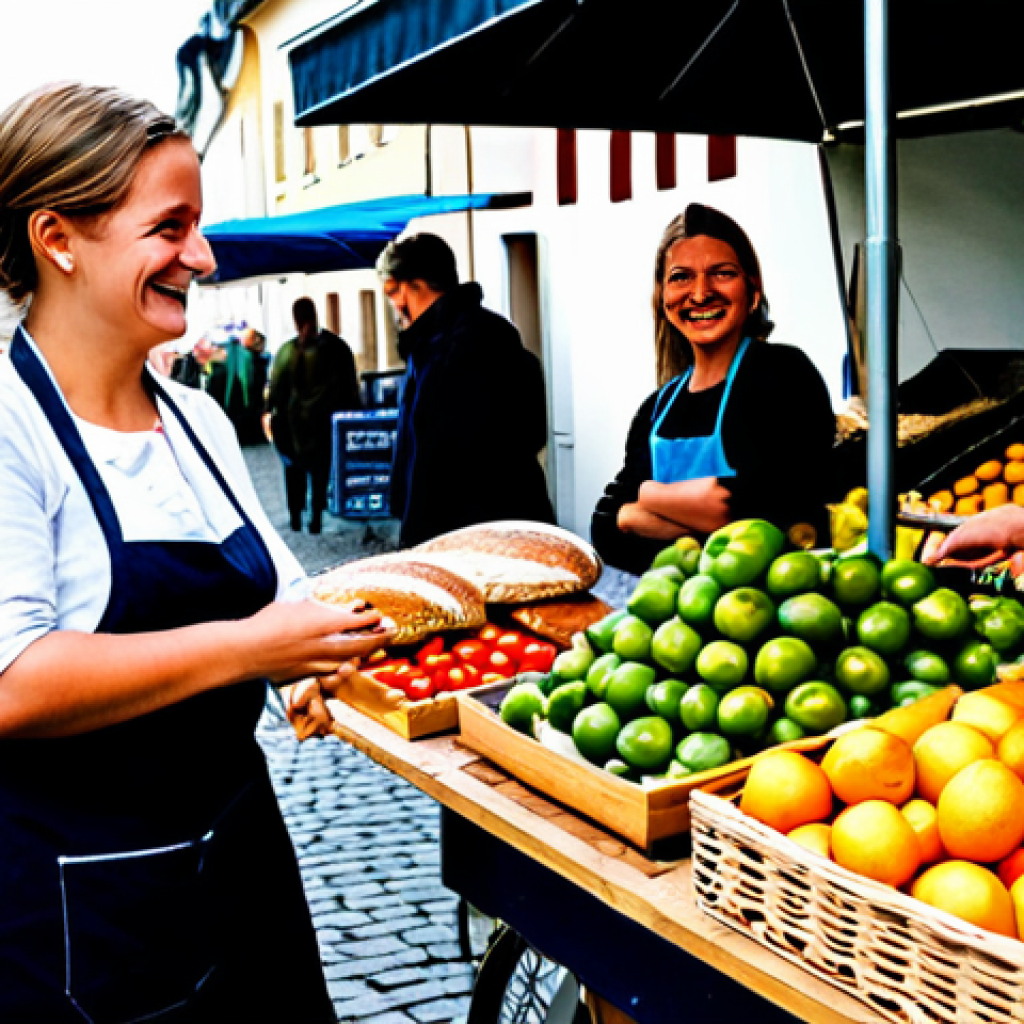 Local Market Collaboration**

"A bustling scene at a weekly market in a German town. A vendor with a fruit stand is chatting with a micro-influencer, both smiling, surrounded by shoppers.  Fresh produce, traditional German breads in the background.  Vendor wearing a traditional apron, influencer in fashionable, modest clothing.  Safe for work, appropriate content, professional photography, perfect anatomy, natural proportions, fully clothed, family-friendly."

**