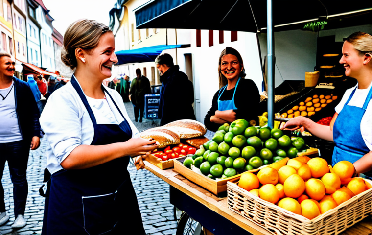 Local Market Collaboration**

"A bustling scene at a weekly market in a German town. A vendor with a fruit stand is chatting with a micro-influencer, both smiling, surrounded by shoppers.  Fresh produce, traditional German breads in the background.  Vendor wearing a traditional apron, influencer in fashionable, modest clothing.  Safe for work, appropriate content, professional photography, perfect anatomy, natural proportions, fully clothed, family-friendly."

**