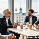 Home 18 약한 연결의 네트워킹 기술 - A diverse group of professionals casually networking at a modern conference venue in Berlin, featuri...