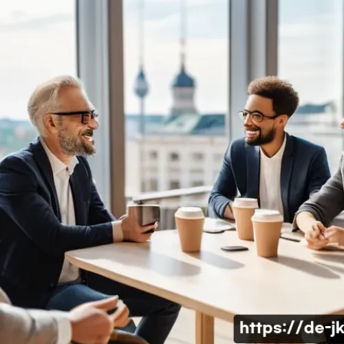 Home 28 약한 연결의 네트워킹 기술 - A diverse group of professionals casually networking at a modern conference venue in Berlin, featuri...
