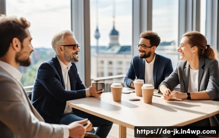 약한 연결의 네트워킹 기술 - A diverse group of professionals casually networking at a modern conference venue in Berlin, featuri...