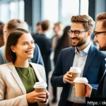 Home 17 약한 연결의 효과적인 활용 사례 - A professional networking event scene in Berlin, featuring diverse business people from different in...