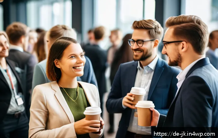 약한 연결의 효과적인 활용 사례 - A professional networking event scene in Berlin, featuring diverse business people from different in...