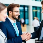 Home 16 약한 연결을 통한 시장 조사 접근법 - A modern business conference scene in a bright, spacious convention center in Germany, featuring div...