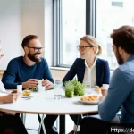 Home 20 약한 연결의 지속 가능성 분석 - A modern corporate office scene showing a diverse group of professionals engaging in informal conver...